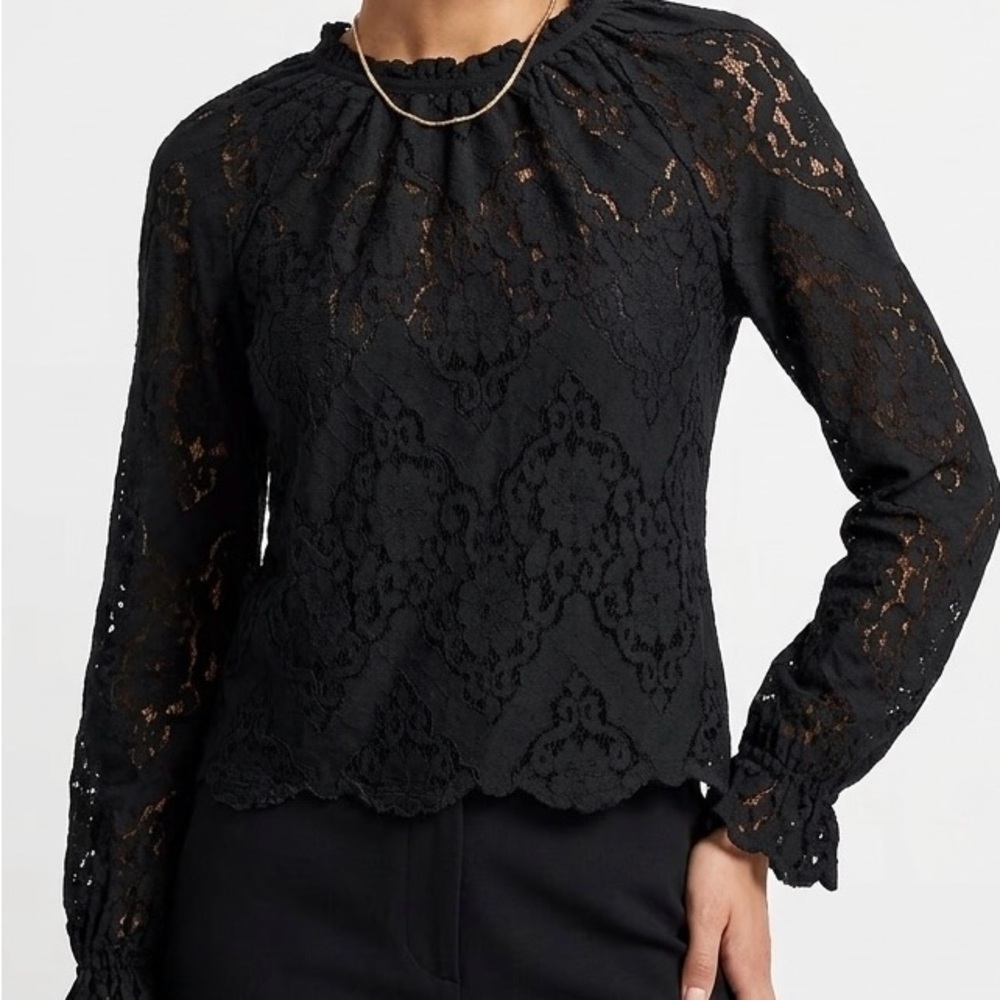 AEOM Black Floral Lace Blouse Ruffle Mock Neck Puff Sleeve Top Size S
